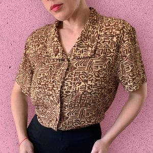 Vintage 90s M.H.M. Melissa Harper Funky Abstract Geometric Print ButtonUp Blouse